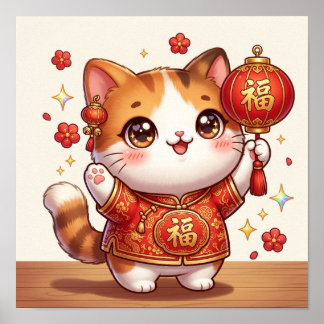 Poster Chat chanceux Kawaii Nouvel An Chinois Lanterne Fe