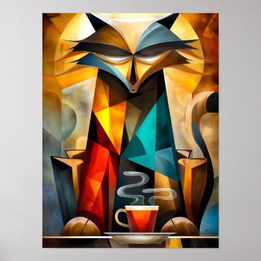 Poster Chat charmant – Philosophe cubiste avec café (Devant)