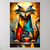 Poster Chat charmant – Philosophe cubiste avec café (Devant)