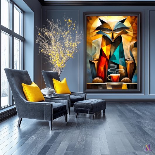 Poster Chat charmant – Philosophe cubiste avec café