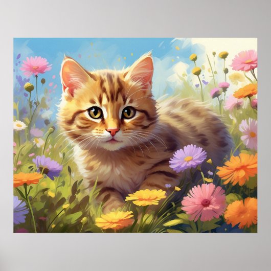 Poster *~*  Chat Chaton 5:4  Champ de Chatons Fleurs Sauv (Devant)