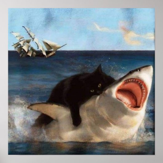 Poster Chat chevauchant un requin (Devant)