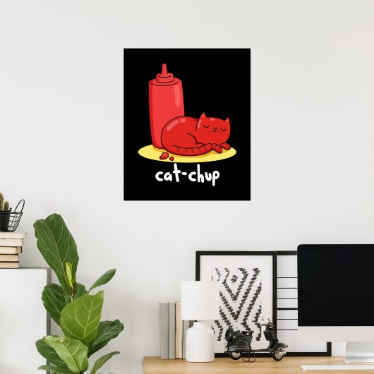 Poster Chat-chup Funny Red Ketchup Chat Pun Dark BG (Bureau à domicile)