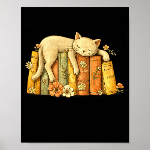 Poster Chat classique vintage endormi et livres mignon
