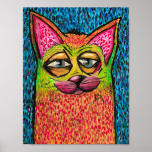 Poster Chat Coloré au Pastel à l'Huile Couleurs Vives Cha