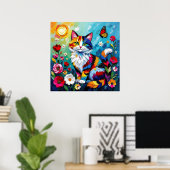 Poster Chat coloré et papillon (Bureau à domicile)