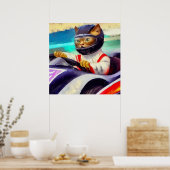 Poster Chat conduisant une voiture de course (Cuisine)