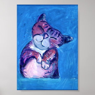 Poster Chat confortable peint Kitty mignon Feline Fun Blu