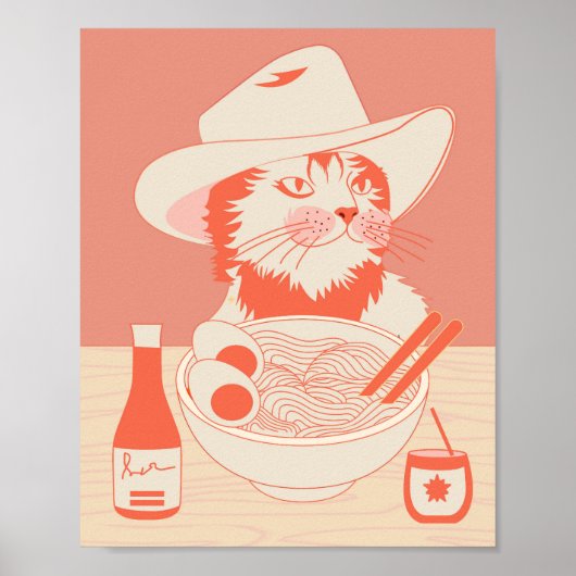 Poster Chat cowboy mangeant des Ramen (Devant)