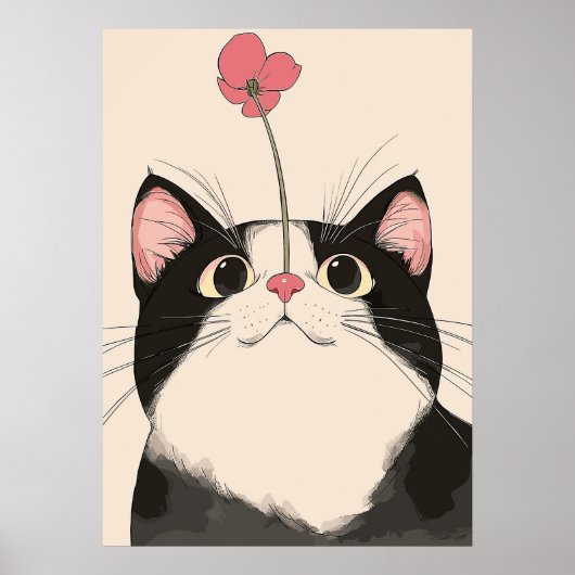Poster Chat curieux avec une fleur (Devant)
