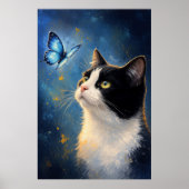 Poster Chat curieux et papillon bleu (Devant)