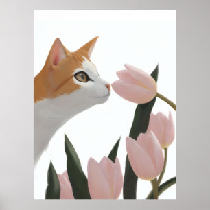 Poster Chat Curieux Floral de Printemps