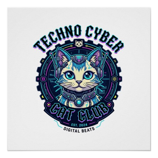 Poster Chat Cyber Techno Drôle Conception Amateur de Chat (Devant)