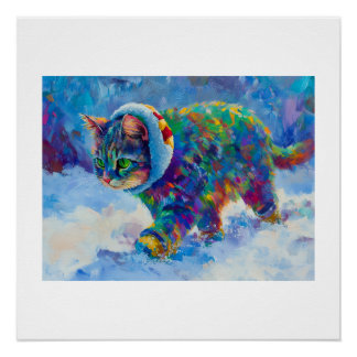 Poster Chat dans la neige portant des cache-oreilles