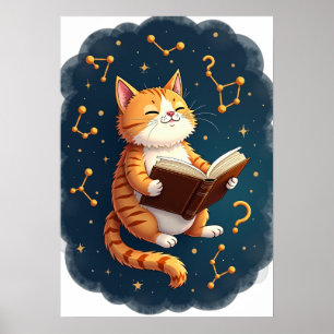 Poster Chat dans l'espace lisant un livre cosmique Bookto