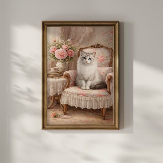 Poster Chat dans un fauteuil floral
