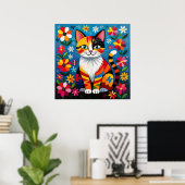 Poster Chat d'art folklorique boho, fleurs et papillon (Bureau à domicile)