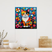 Poster Chat d'art folklorique boho, fleurs et papillon (Cuisine)
