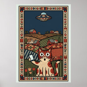 Poster Chat d'art populaire avec UFO dans la campagne cap