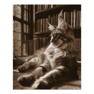 Poster Chat de bibliothèque Maine Coon Sépia Royale Art