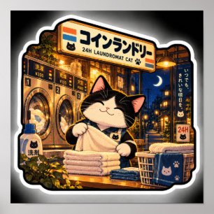 Poster Chat de blanchisserie 24H Art de nuit japonais de