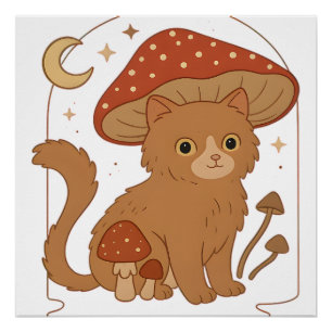 Poster Chat de champignon Cottagecore avec chapeau � esth