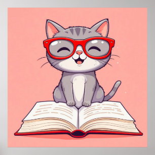 Poster Chat de dessin animé mignon portant des lunettes