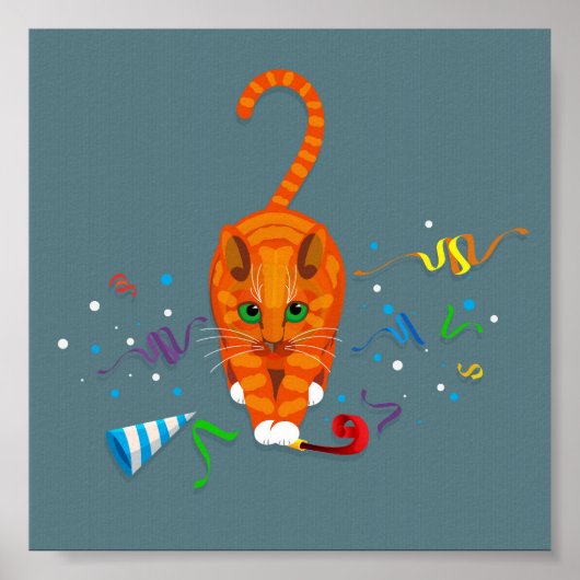 Poster Chat de gingembre jouant avec des objets de fête a (Devant)