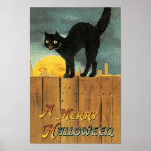 Poster Chat de Halloween joyeux vintage par Ellen Clapsad