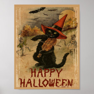 Poster Chat de Halloween vintage avec violon