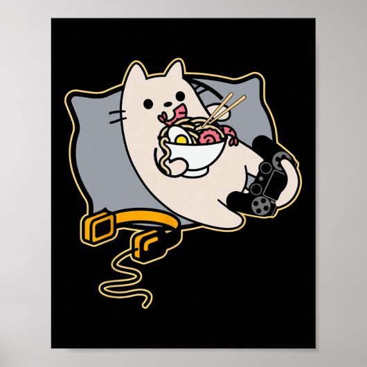 Poster Chat de joueur nerd mangeant du Ramen jeu en pause (Devant)