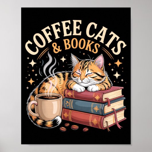Poster Chat de lecture confortable café et amateur de liv (Devant)