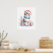Poster Chat De Noël À L'Aquarelle Mignonne À Santa Hat (Cuisine)