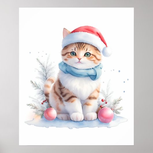 Poster Chat De Noël À L'Aquarelle Mignonne À Santa Hat (Devant)