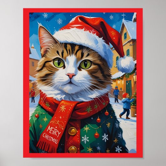 Poster Chat de Noël à Santa Hat (Devant)