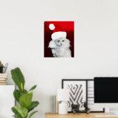 Poster CHAT DE NOËL BLANC AVEC CASQUETTE SANTA CLAUS, Rub (Bureau à domicile)