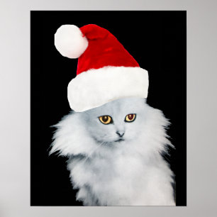 POSTER CHAT DE NOËL BLANC AVEC CHAPEAU DE PÈRE NOËL
