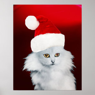 Poster CHAT DE NOËL BLANC AVEC CHAPEAU DE PÈRE NOËL ,Rubi