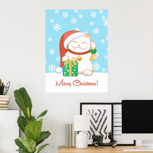 Poster Chat de Noël blanc dans un Casquette rouge (Bureau à domicile)