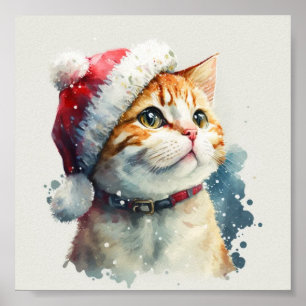 Poster Chat de Noël casquette rouge