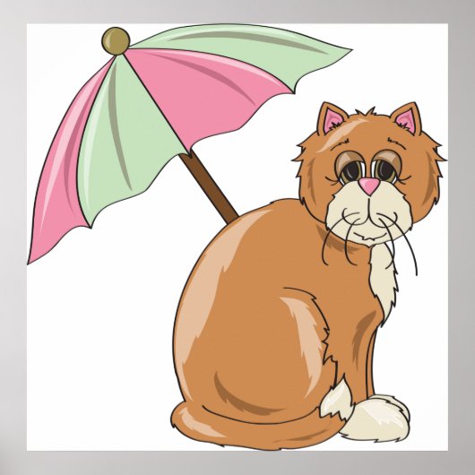 Poster Chat de plage avec parapluie rose et vert (Devant)