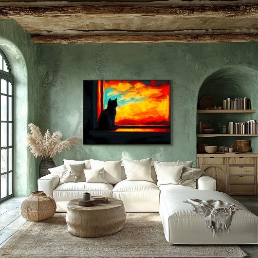 Poster Chat de Pop Art au coucher du soleil - Vue de la f