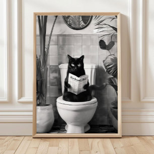 Poster Chat de salle de bain lisant sur les toilettes Noi