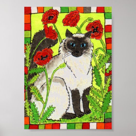 Poster Chat de Siamese avec Poppies Orientales Art folklo (Devant)