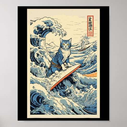 Poster Chat de surf Hokusai Grande vague au large de Kana (Devant)