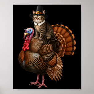 Poster Chat de Thanksgiving drôle sur la dinde, chapeau L