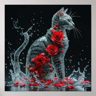 Poster Chat d'eau entouré de roses rouges fantaisie roman