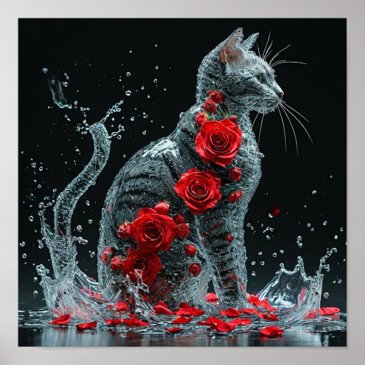 Poster Chat d'eau entouré de roses rouges fantaisie roman (Devant)