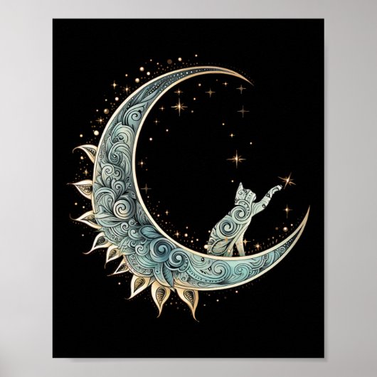 Poster Chat D'Esthétique Mystique Assis Sur Crescent Moon (Devant)