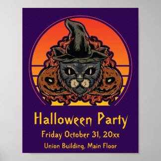 Poster Chat d'Halloween en sorcière Casquette Abra Cadabr